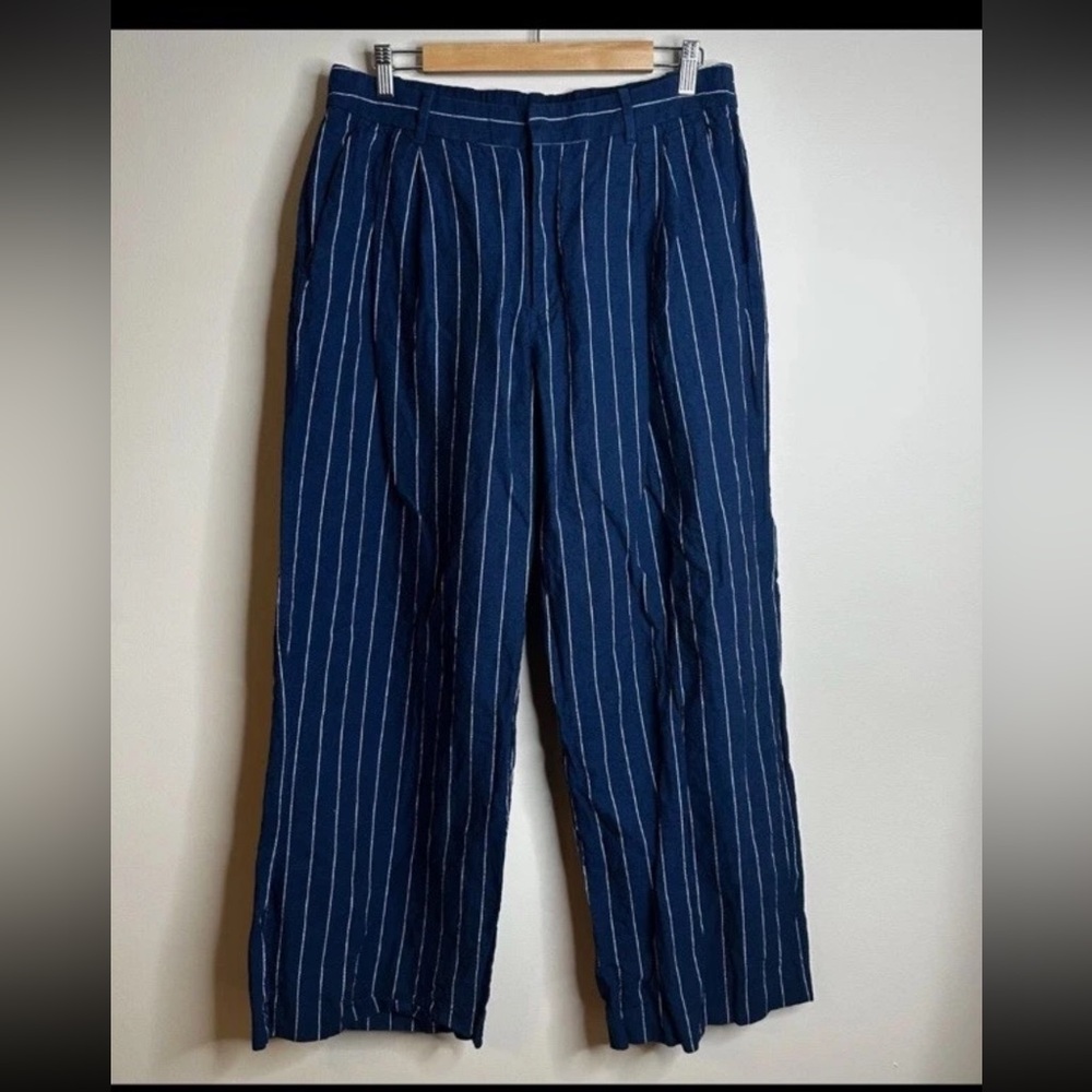 GAP Navy Blue Pin Striped Crop Flare Linen Cotton Pants Womens 12 Boho Baggy Y2K